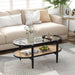 Rattan Coffee Table, 40”L Boho Oval Acacia Wood Cocktail Table with Tempered Glass Tabletop & PE Rattan Storage Shelf, 2-Tier Tea Center Table for Living Room Office Reception (Boho, Black)