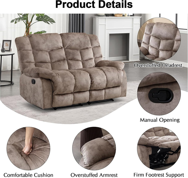 Manual Loveseat Recliner, 2 Seat Recliner Sofa Chair with Armrest and Overstuffed Backrest, Couch Set for Living Room, Bedroom, Office, Light Brown