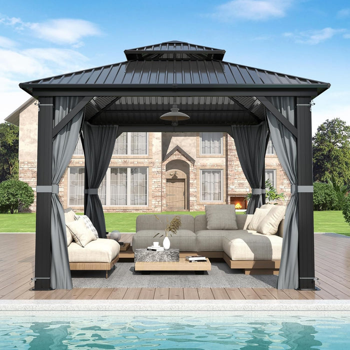 9.5X9.5Ft Outdoor Hardtop Gazebo with Double Roof - Aluminum Heavy-Duty Steel Top Gazebo with Breathable Netting & Privacy Curtain for Patio, Porch, Garden, Lawn, Deck, Backyard
