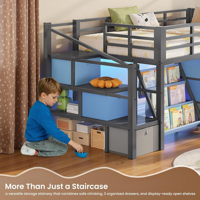 Twin Charcoal Grey Loft Bed IntegratedStorageSystem Drawers
