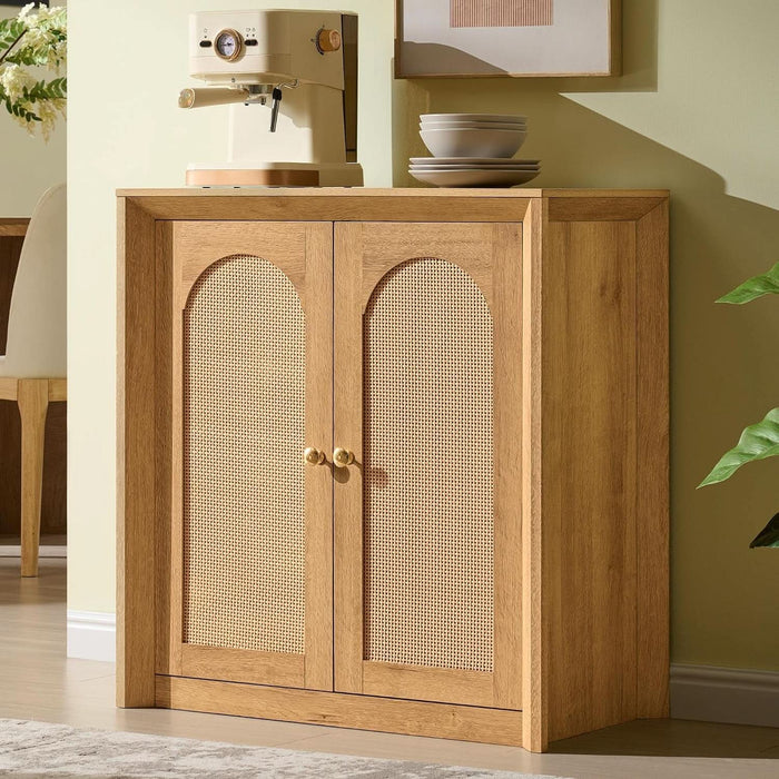 Rattan Arched Door Sideboard Buffet Cabinet, Natural Oak