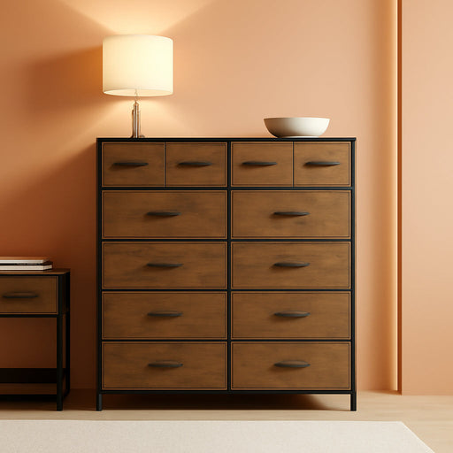 Tall Dresser for Bedroom with 12 Drawers, Dressers & Chests of Drawers, Fabric Dressers for Closet, Storage Dresser Organizer with Steel Frame, Wood Top, Rustic Brown Wood Grain Print