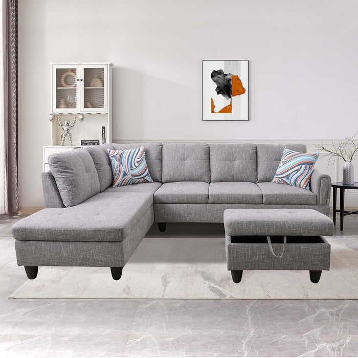 3-Piece Flannel Sectional Sofa Set with Left Facing Chaise and Storage Ottoman, Pillow, L-Shaped Couch for Living Room, Office, Apartment, Grey