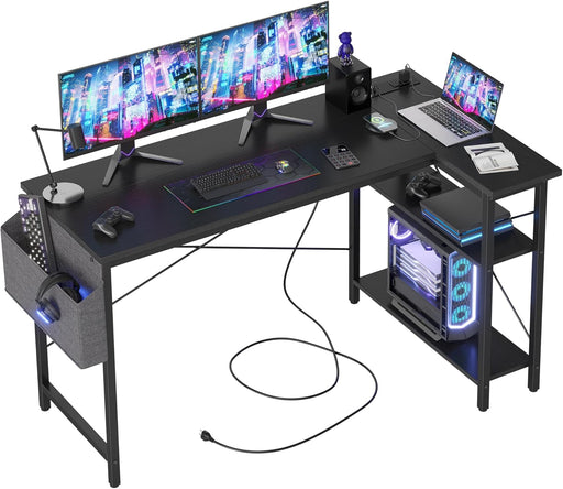 L Shaped Computer Desk with Power Outlets, 55 Inch Small Corner Desk with Reversible Shelves, Gaming Desk Computer Table Study Writing Table for Home Office Bedroom Small Space, Black
