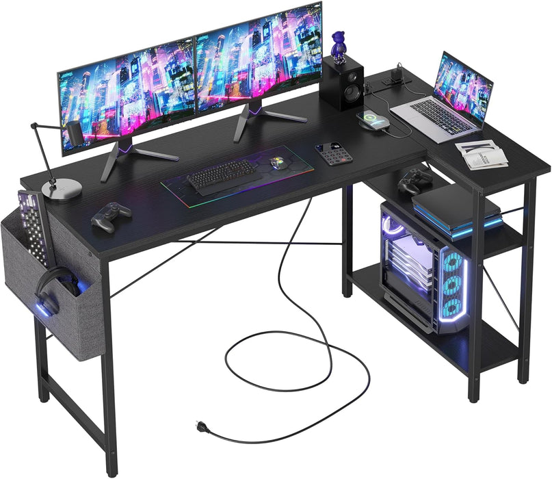 L Shaped Computer Desk with Power Outlets, 55 Inch Small Corner Desk with Reversible Shelves, Gaming Desk Computer Table Study Writing Table for Home Office Bedroom Small Space, Black