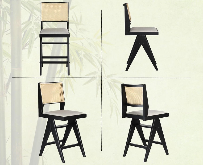 26" Rattan Bar Stools with Back Set of 4, Black Wood Counter Height Bar Stools, Upholstered Boho Cane Barstools, Fabric Bar Chairs for Kitchen Island/Designed Wooden Legs/Linen Beige