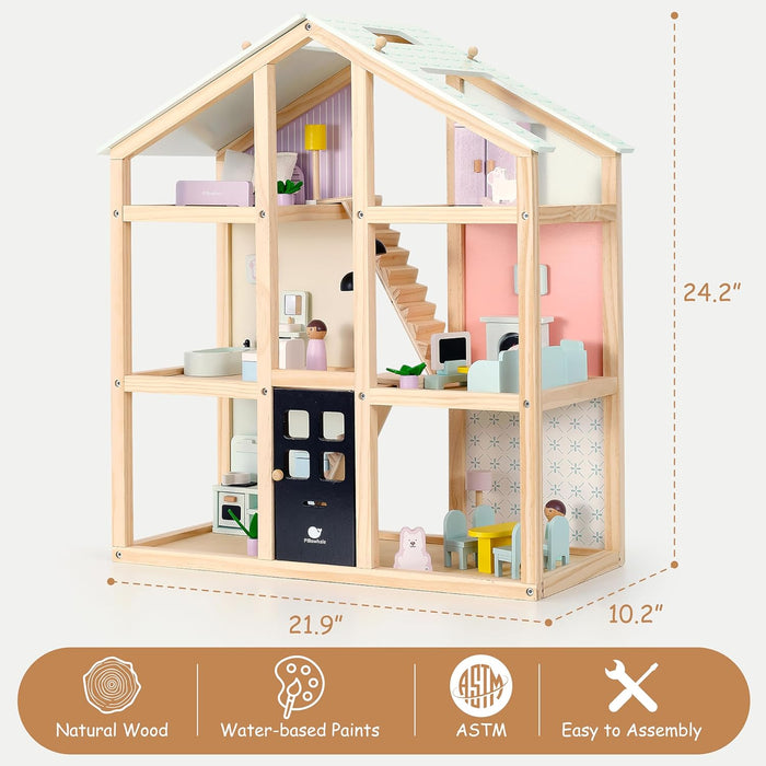 Wooden Dollhouse, 6 Rooms Doll House with 38 Pcs Furniture Set, DIY Pretend Modern Playhouse, 3-Story Kids Dollhouse, Ideal Gift for Kids Ages 3+
