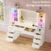 Big Vanity, Fluted Wood Makeup Vanity Desk with Mirror and Sound Sync LED Lights, Large Vanity Dressing Table, 8 Drawers, Charging Station for Girls, Women (White, 59.1" Width)