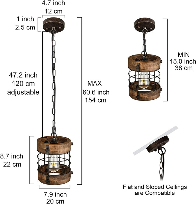 Retro Industrial Metal and Wood Chandelier 1-Light round Cage Pendant Light Fixture for Kitchen Island Foyer Hallway Bar Dining Room Restaurant, D 7.9" X H 8.7" (Brown)