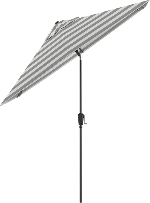 9-Ft Patio Umbrella, 8-Year Protection, Solstice Fade-Resistant Fabric, Crank Lift, Push-Button Tilt, Heavy-Duty Aluminum Frame, 6 Reinforced Ribs with Wind Vent, Grey/White Stripe