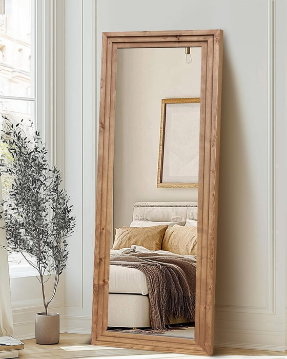 Full Length Mirror 65"X24" Solid Wood Frame Floor Large Mirror for Living Room, Bedroom Hanging or Leaning Wall-Mounted, Light Brown