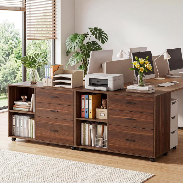 39-Inch Walnut Rolling File Cabinet With Compartments