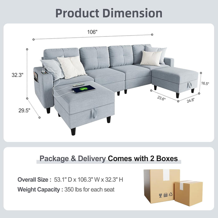 Modern LED Sectional Sofa U-Shaped Couch with Storage