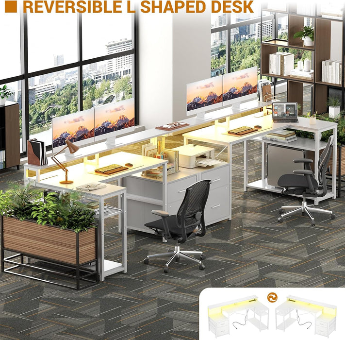 L Shaped Desk with File Drawer, Reversible L Shaped Computer Desk Gaming Desk with Power Outlet & LED Strip, Home Office Desk with Monitor Shelf, Corner Desk with Storage Shelves, White