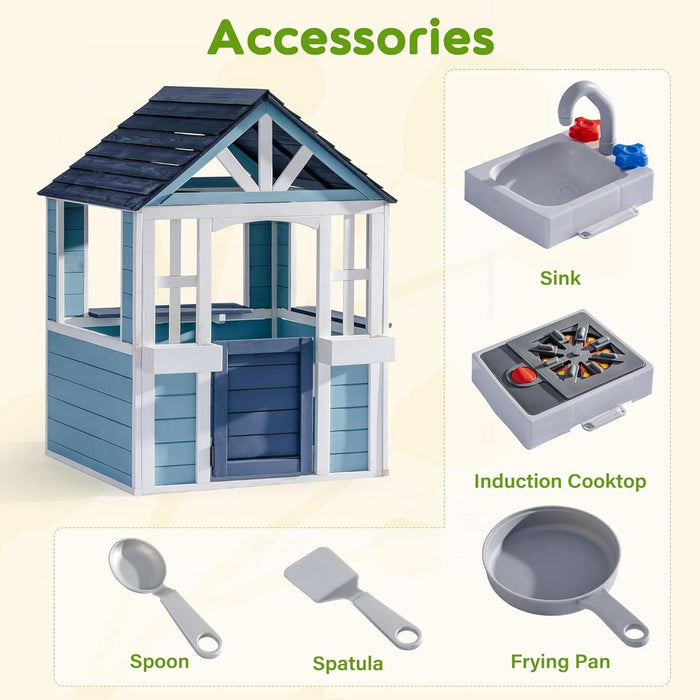 Wooden Playhouse, Outdoor Kids Playhouse with Sink, Stove, Cookware, Flowerpot Holders, Snack Bar, Cottage Play House for Backyard, Blue