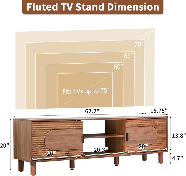 63Inch Wood TV Stand for Televisions up to 70 Inches,Mid Century Modern Entertainment Center TV Console Table with Storage and Shelf for Living Room Bedroom (Walnut)