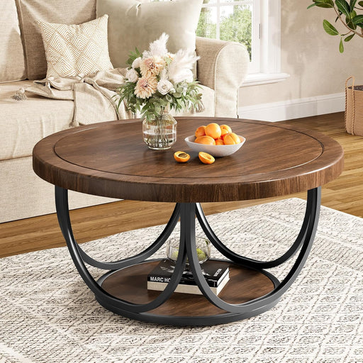 round Coffee Table with 2 Tiers, 33.5" Wooden Circle Accent Cocktail Table with Storage Shelf and Metal Frame, Industrial Center Tables for Living Room, Brown & Black