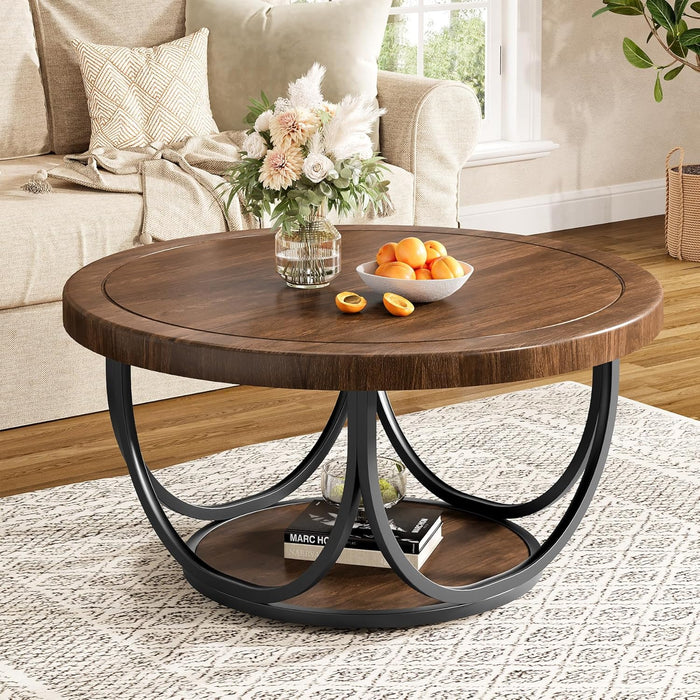 round Coffee Table with 2 Tiers, 33.5" Wooden Circle Accent Cocktail Table with Storage Shelf and Metal Frame, Industrial Center Tables for Living Room, Brown & Black
