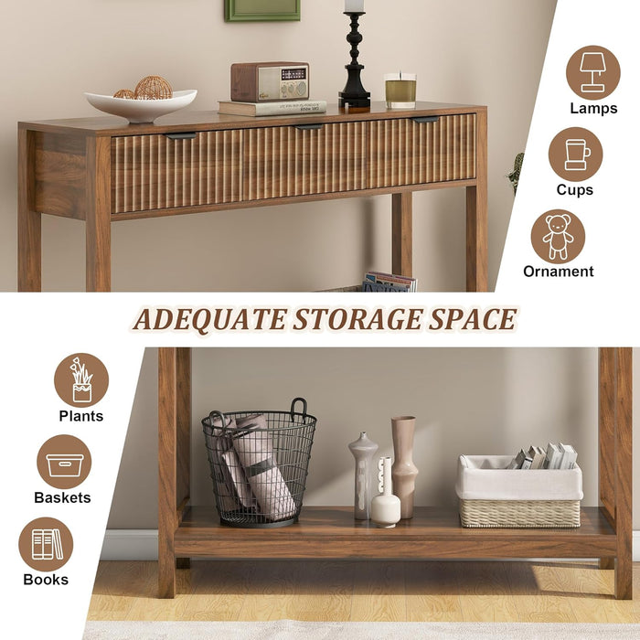 Fluted Console Table, Wooden Sofa Table with Storage and Drawers, Farmhouse behind Couch Table Entryway Table for Entrance, Hallway, Living Room, Brown