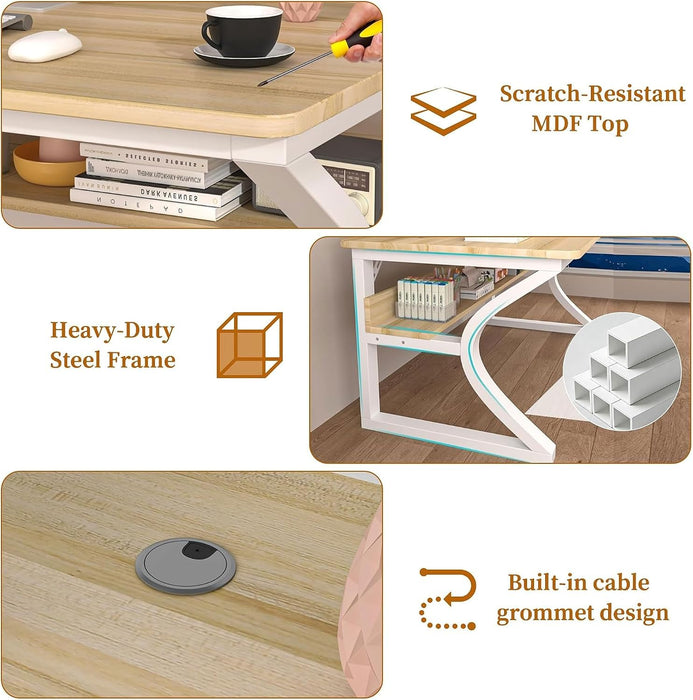 47'' Computer Desk Home Office Desk, Modern Computer Desk W/U Shaped Metal Frame, Storage Shelves, PC Table Study Writing Desk Workstation for Home Office (55Inch/Light Walnut Color)