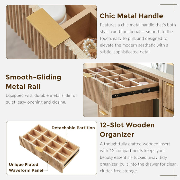 48" Fluted Makeup Vanity Desk with 48" Large Mirror and HD Lights, Modern Vanity Table with 9 Drawers & Charging Station, Glass Top and Golden Handles Dressing Table for Bedroom,Natural Oak