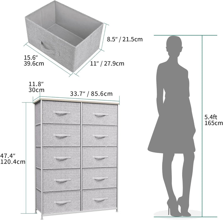 Gray Dresser with 10 Fabric Bins