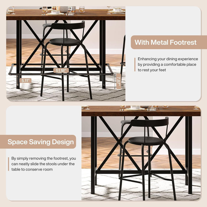 Dining Table for 6 People, Industrial Rectangular Kitchen Table with Metal Footrest, 35.43" Counter Height Dinner Table for Dining Room (Rustic Brown)