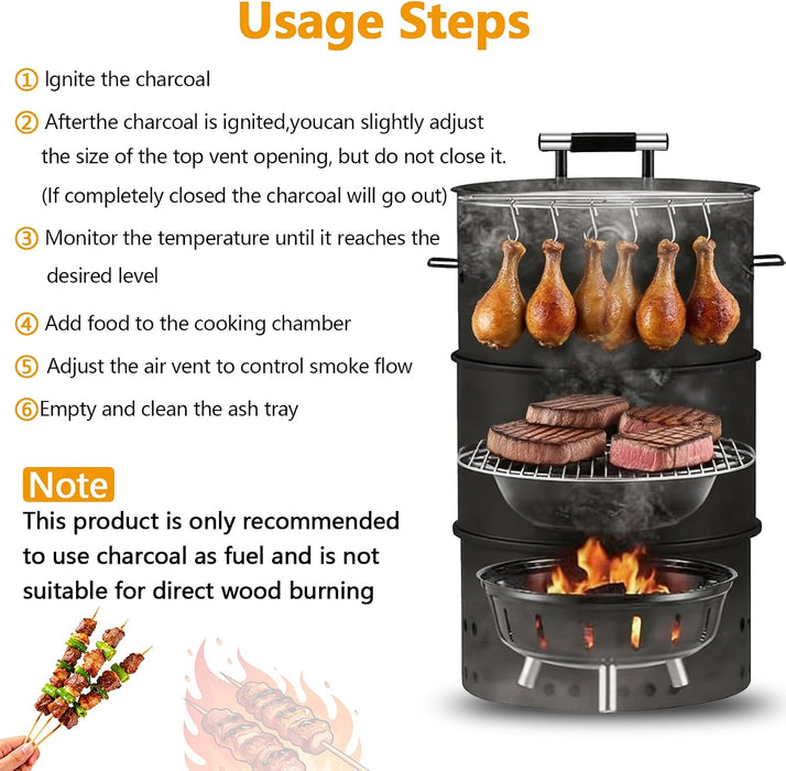 Charcoal Smoker Grill, 20" Barrel Smoker, Outdoor Barbecue Grill, Ideal for BBQ, Party, Backyard, Patio, Cooking, Heavy Duty round Grill, Vertical Smoker