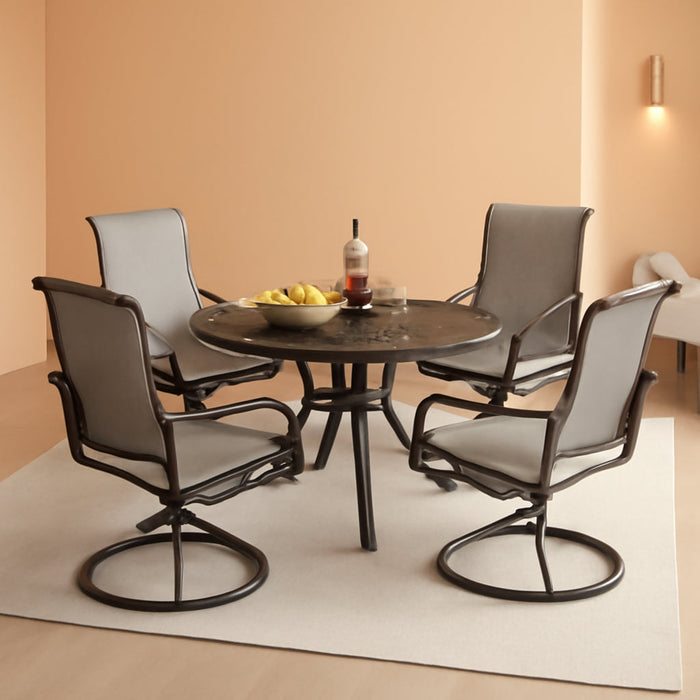 5 Piece Outdoor Patio Dining Set with 4 Swivel Dining Chairs & 1 Large round Dining Table, Gray Textilene Mesh Fabric Chair and round Metal Table for All Weather Deck Lawn Garden