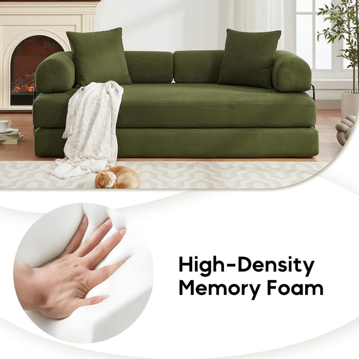 Convertible Sleeper Sofa Bed with Cylindrical Pillow, Corduroy Folding Mattress Couch with Fixed-Shape Frame, Floor Sofa Lounge Couch for Living Room Bedroom Lounge Studio-Green