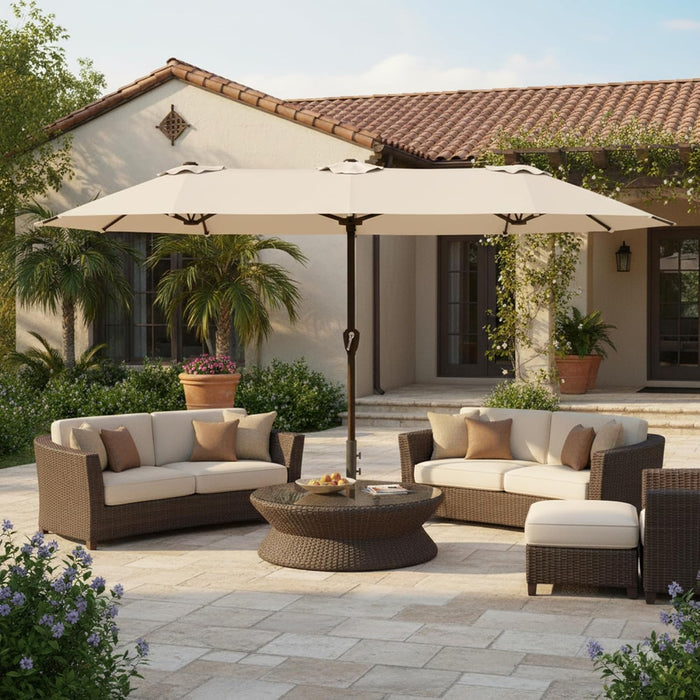 15FT Large Patio Umbrella with Base, Double Sided Rectangular Outdoor Umbrella with Sturdy Fiberglass Ribs, UPF 50+ Sun Protection, Wind-Resistant, Waterproof Fade-Resistant Fabric for Pool, Garden, Backyard, Deck(Creamy-White)