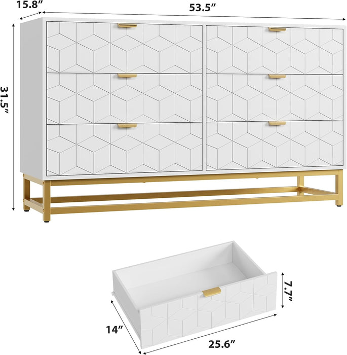 6 Drawer Dresser, White Modern 54" Large Dresser for Bedoom