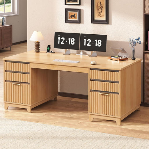 55.1" Fluted Office Desk with 6 Drawers, Modern Executive Desk with Acrylic File Drawers, Computer Desk with Power Outlets for Home Office and Study, Natrual