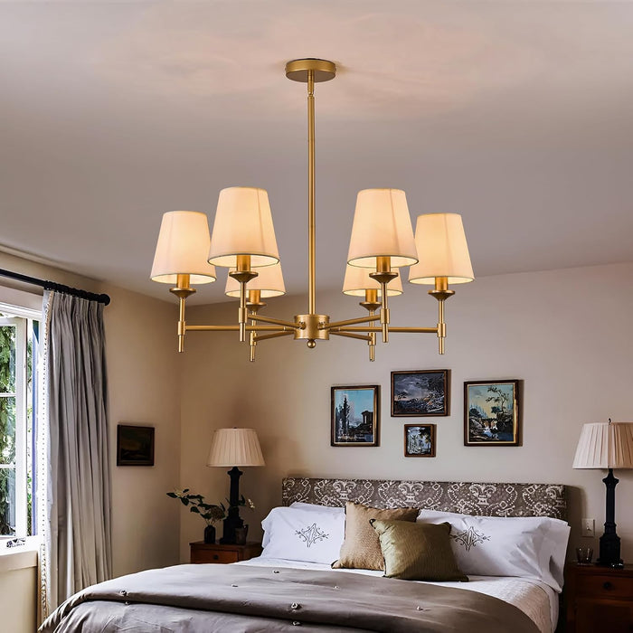 Gold Chandelier with Shades 6 Light Ceiling Light Fixture with Linen Fabric Farmhouse Pendant Lights for Bedroom Kitchen Dining Room Living Room Foyer