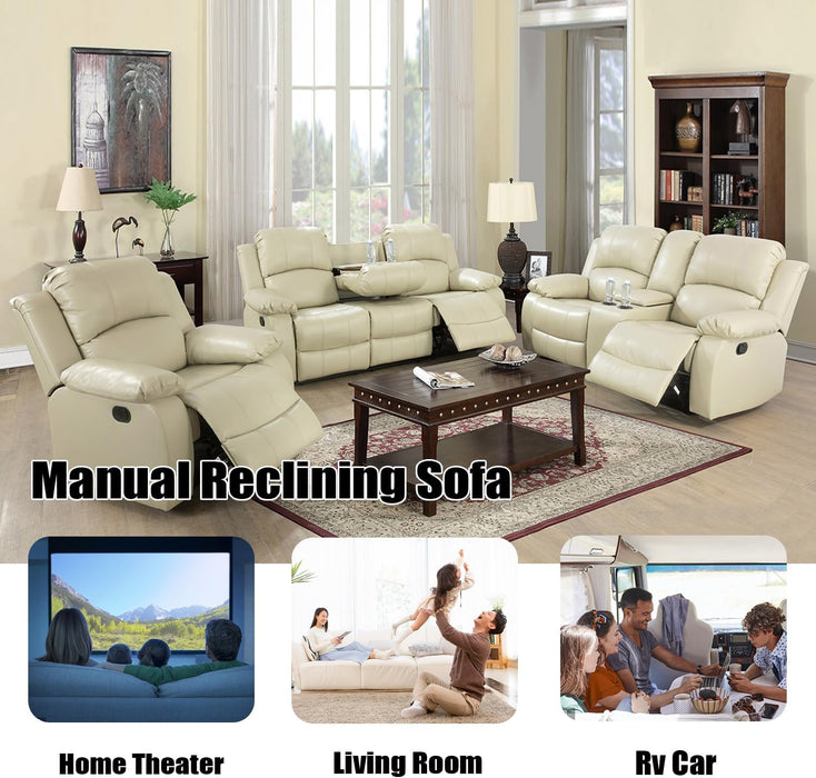 Beige Leather Reclining Sofa Set for Living Room Set,Recliner Sofa with Drop down Table/Double Recliner Loveseat with Storage Console/Recliner Chair/Faux Leather