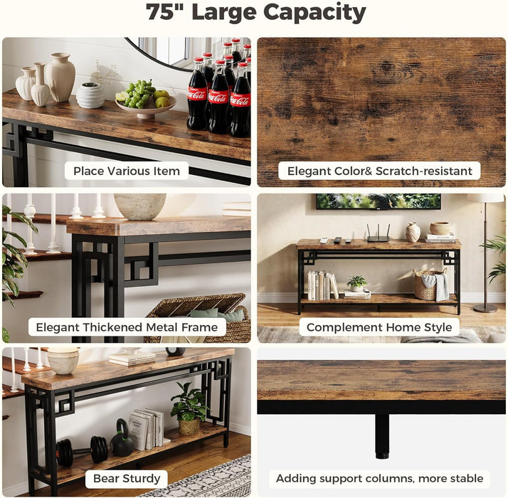 70.9" Long Console Table, 2-Tier Long Narrow Console Table behind Couch for Display with Central Support Frame, Industrial Long Entryway Table for Entryway and Living Room