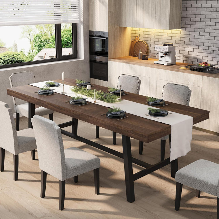 63-83" Extendable Dining Table, Industrial Rectangular Dining Room Table for 6-8 People, Expandable Kitchen Table with Heavy Duty Metal Frame for Dining Room, Kitchen & Parties, Brown