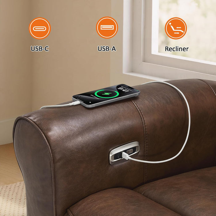 Power Wall Hugger Recliner Chair for Small Space RV Living Room, USB & USB-C Charging Ports, Modern Rolled Arm Recliner, Faux Leather PR630 (Dark Brown, Medium)