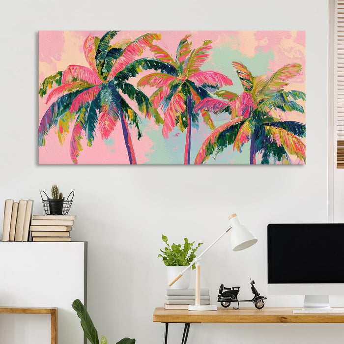 Palm Tree Canvas Wall Art Coastal Seascape Pictures Tropical Botanical Painting Modern Pink Artwork Prints for Bathroom Beach House Bedroom Living Room Home Office Decor Framed 28" X 58"