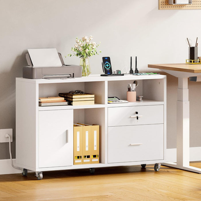 White Filing Cabinet with Charging Station & Lock