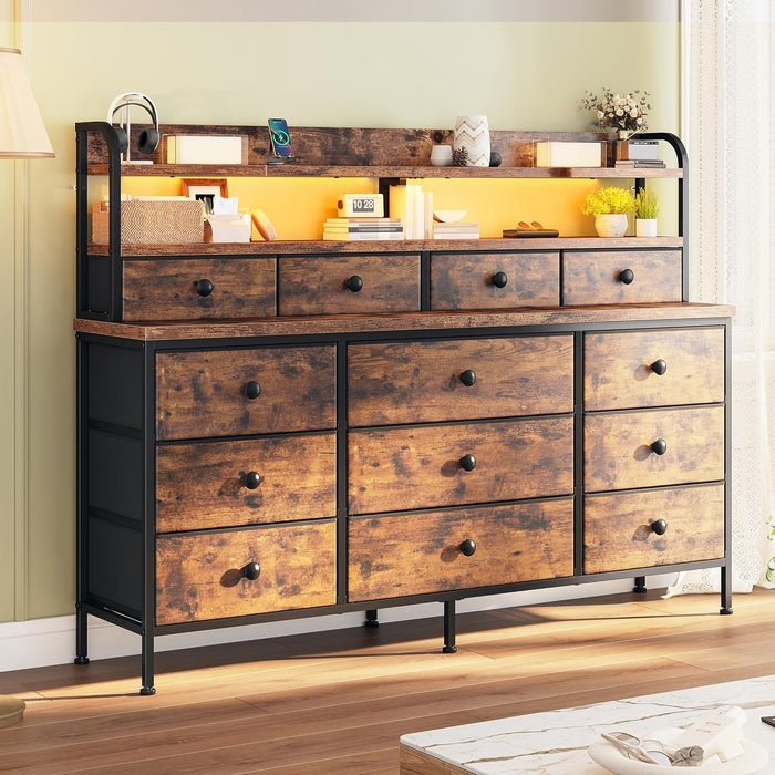 51.2" W Dresser for Bedroom with LED Lights, 13 Drawer Dresser for Bedroom, Long Dressers & Chests of Drawers with Shelves, Large Fabric Dresser for Closet Hallway, Rustic Brown