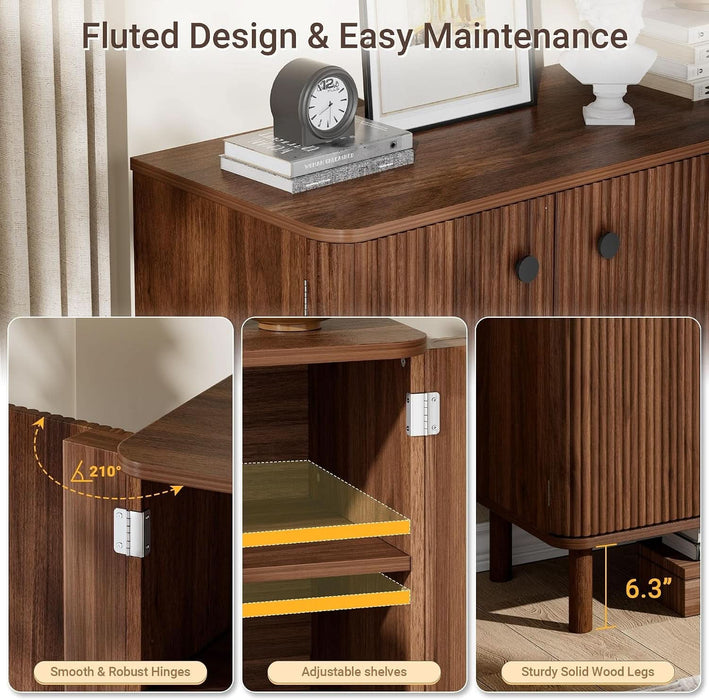 Fluted Sideboard Buffet Cabinet with Storage, 31'' Solid Wood Leg Walnut Wood Buffet with Adjustable Shelves, 210° Wide-Open Door, Rounded Credenza for Kitchen Living Room Entryway