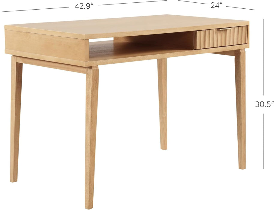 Jasper Small Home Office Desk with Storage, Bohemian Writing Desk with Drawer and Open Cubby, Natural Brown