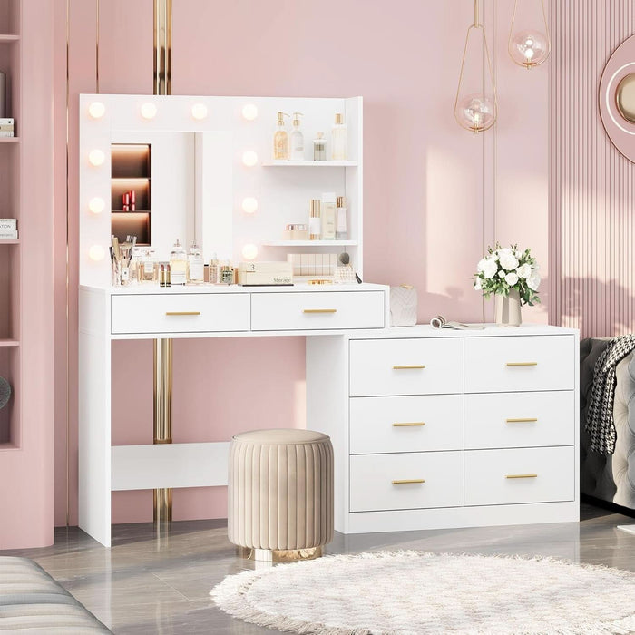 61" Vanity Desk with Mirror & Lights, White Makeup Dressing Table with 8 Drawers & 2 Shelves, 3 Lighting Modes with Adjustable Brightness for Bedroom, White