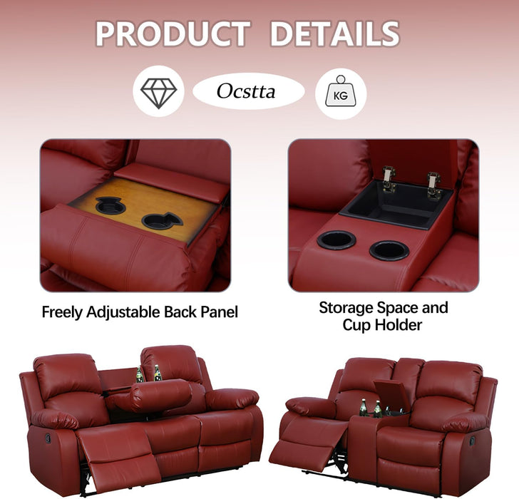 Manual Leather Recliner Sofa Set for Living Room Furniture Set,Leather Recliner Couch Set for Home/Office,Leather Reclining Sofa Set for 3-Pieces(Sofa+Loveseat+Chair) Red