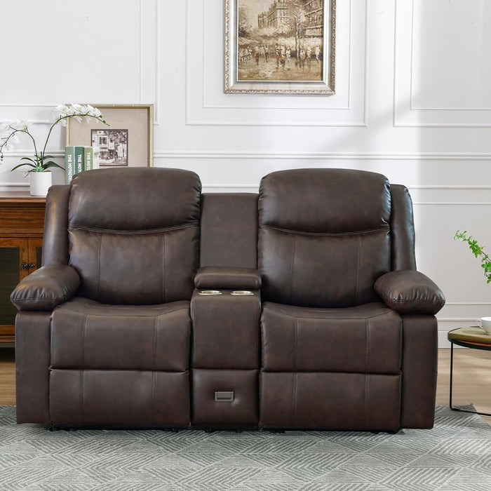 Loveseat Recliner, Reclining Loveseat with Console, Double Reclining Loveseat, 2 Seater Manual Reclining Couch for Living Room, Office, Home Theater(Pu-Brown)