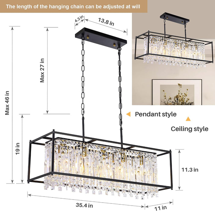 35.4 Inch Black Crystal Pendant Chandelier Dimmable
