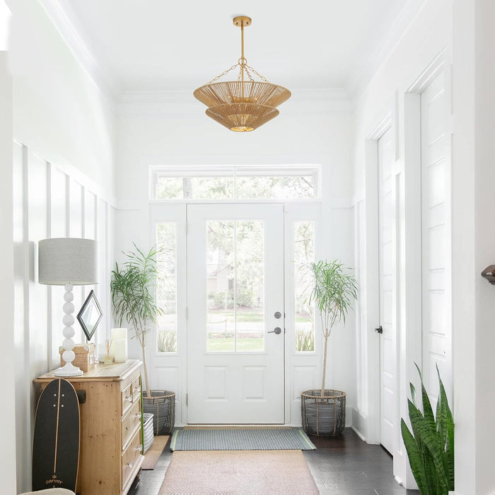 Modern Farmhouse Chandelier for Dining Room, 5-Lights Gold Chandelier for Entryway, Hand-Woven Rattan Pendant Light for Bedroom Kitchen Living Room