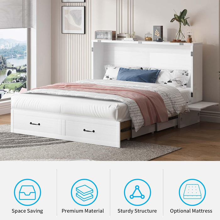 Murphy Bed, Queen Size Cabinet Bed with USB Ports & 2 Large Drawers, Hidden Guest Beds with Tri-Folding Mattress, Multifunctional Adult Murphy Cube Beds for Guest Room Bedroom Offices, White
