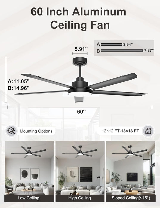 60 Inch Matte Black Industrial Ceiling Fan AppControl